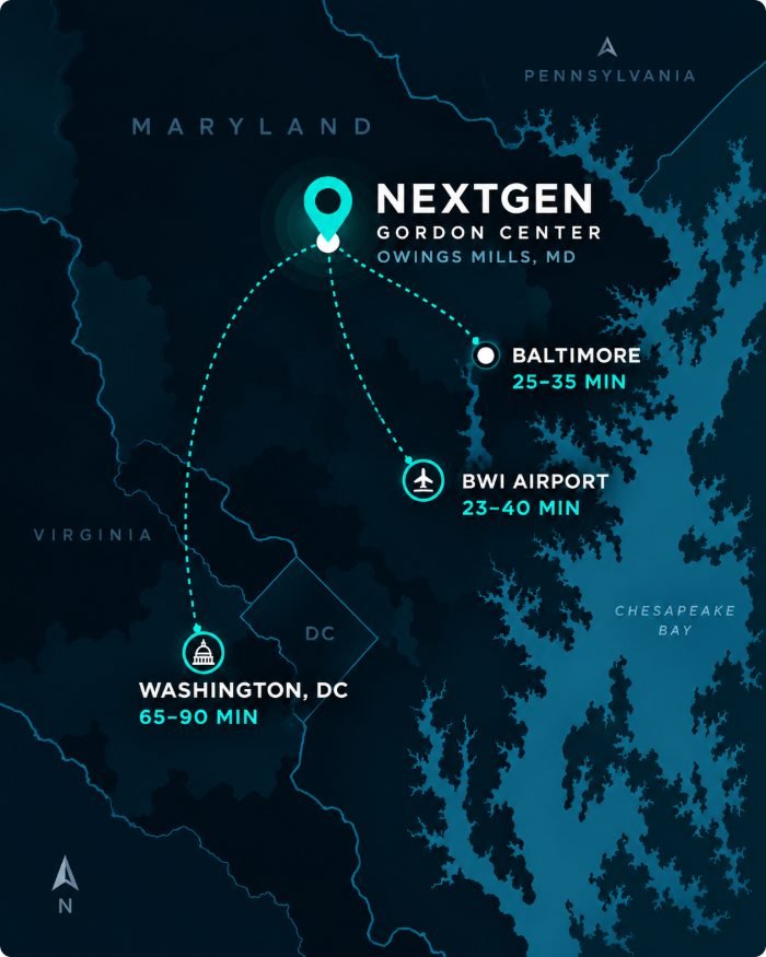 Map of central Maryland. The Gordon Center is in Owings Mills, north-west of Baltimore: 25 to 35 minutes from Baltimore, 23 to 40 from BWI Airport and 65 to 90 from Washington, DC.